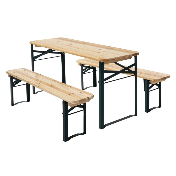 ML-Design 3 részes piknikasztal padokkal, természetes tömör fából és zöld fémből, kültéri bútor kertbe, teraszra, kempingezéshez, sörkert szett beltéri/kültéri partikhoz