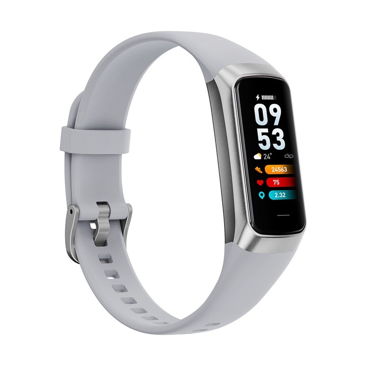 Bratara inteligenta, artnico, C60, 1.1 inch, 90mAh, monitorizare puls, monitorizare tensiune arteriala, argint, Set 4 piese (bratara, incarcator, manual de utilizare, ambalaj original), silicon, rezistent la apa IP67, 25 moduri sportive, ecran AMOLED, dur