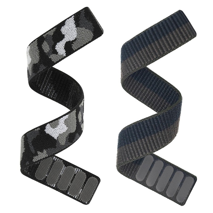 Set 2 curele din nylon premium, latime 22mm, compatibila cu Garmin Fenix 5/6/7, Epix Gen 2/Pro, Tactix 8, Forerunner 935/945/955/965, Descent G1, Quatix, Approach S-series, MARQ Commander/Adventurer, gri camuflaj/ gri negru