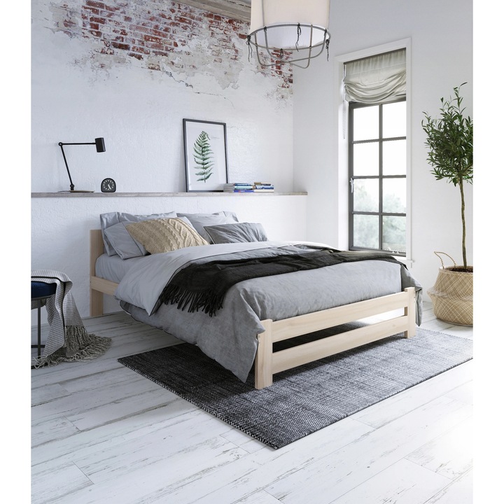 Pat din lemn, 160x200 cm, 12 lamele, inaltime 67 cm, culoare naturala, set complet