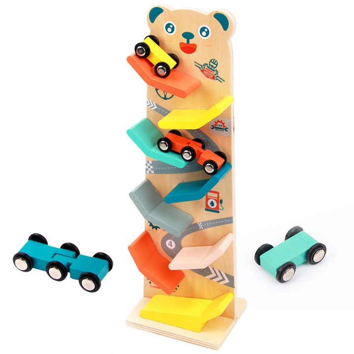 Montessori fa autós körjáték, pálya vízeséses rámpával, 4 színes autóval és medve mintával, koordinációfejlesztéshez és oktatási szórakozáshoz