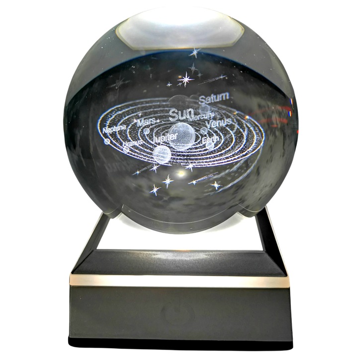Нощна лампа кристална сфера, 3D гравирана, Solar system, LED осветление, 7 цвята, Тъч сензор, USB захранване и батерии