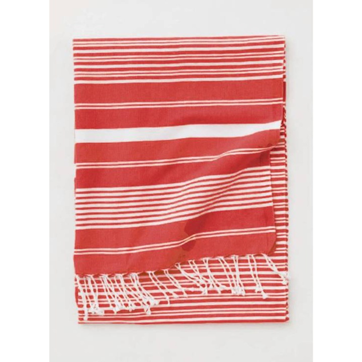 Кърпа Newtone, P-10, Peshtemal, За плаж, Спа, Басейн и баня, Лека, Абсорбираща, Бързосъхнеща, Преносима, На райета, 100% памук, 275г, 95x180см, Бял/Червен