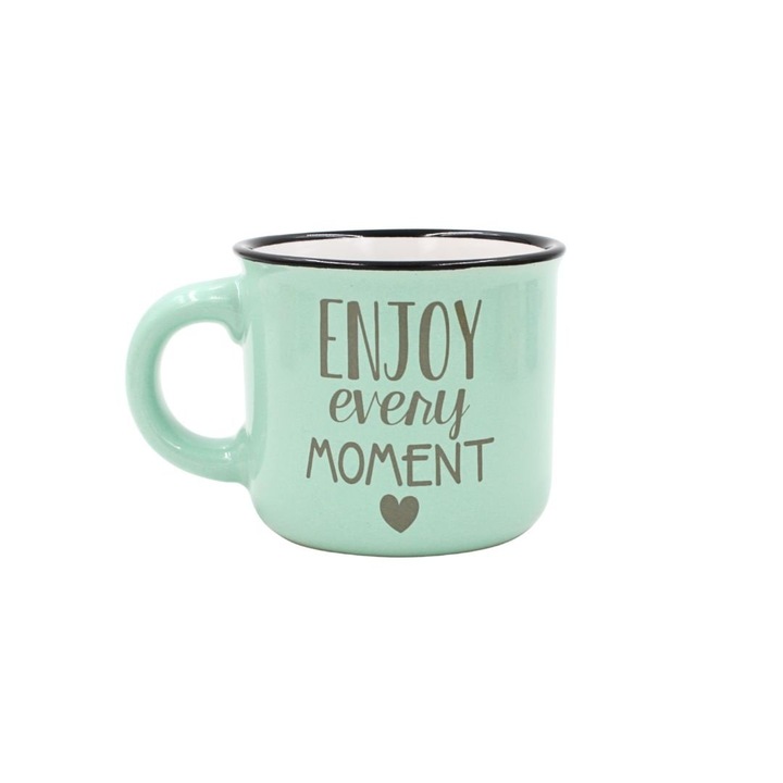 Nekupto чаша за еспресо кафе 80 мл, керамична, зелена, с надпис "Наслаждавай се на всеки миг"