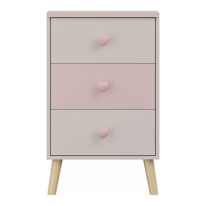 Comoda copii, en.casa, Sandnes, 61, 5 x 38 x 30 cm, mdf, pal, lemn, alb, roz, cu 3 sertare