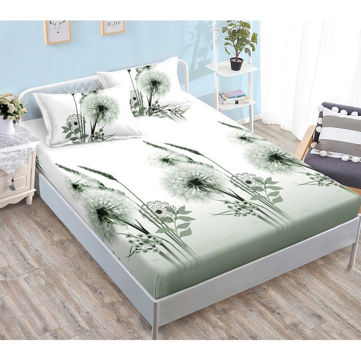 Плик за легло и калъфки за възглавници, с ластик, 3 части, щампа на глухарче, Finet, 2 души, Многоцветен, 180x200 см, Зелено патешко яйце