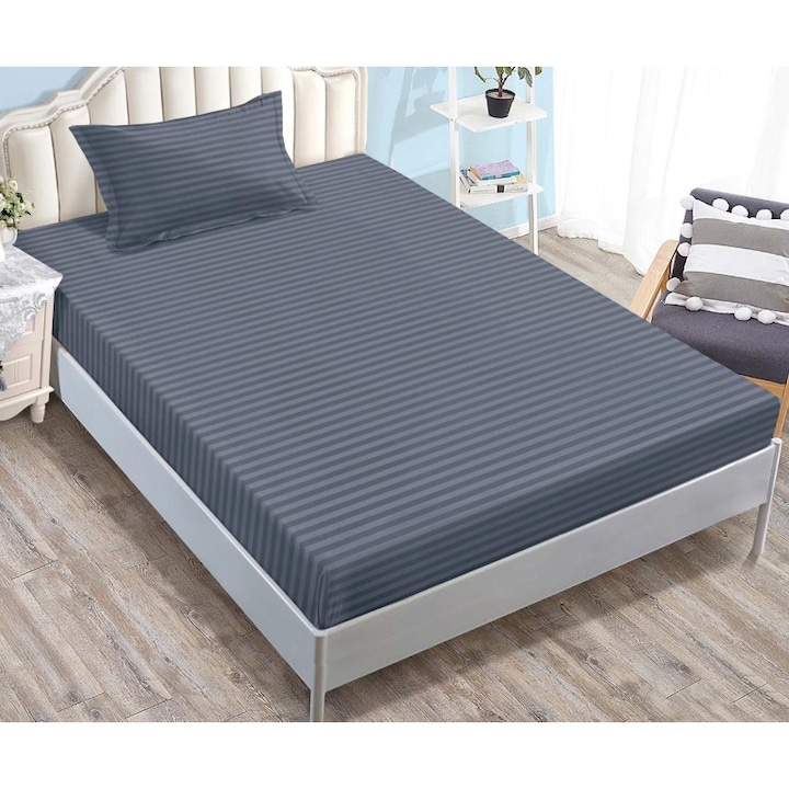 Плик за легло и 1 калъфка за възглавница, с ластик, Sonia-Home, Дамаск, 1 човек, Едноцветен, 90x200 см, Тъмносив