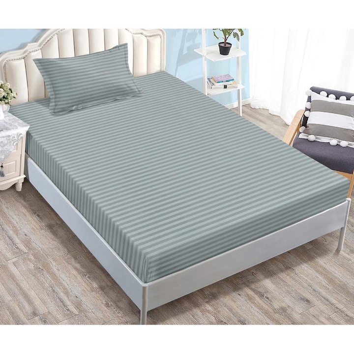 Плик за легло и 1 калъфка за възглавница, с ластик, Sonia-Home, Дамаск, 1 човек, Едноцветен, 90x200 см, Светлосив