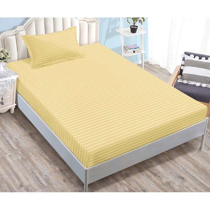 Чаршаф за легло и 1 калъфка за възглавница Sonia-Home, Ластик, Дамаск, 1 човек, Едноцветен, 90x200 см, Butter