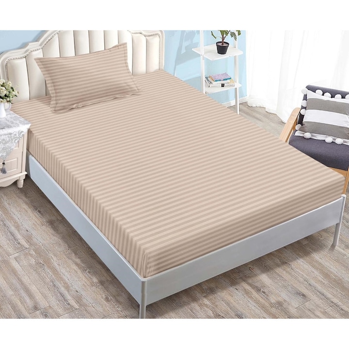 Плик за легло и 1 калъфка за възглавница, с ластик, Sonia-Home, Дамаск, 1 човек, Едноцветен, 90x200 см, Бежов