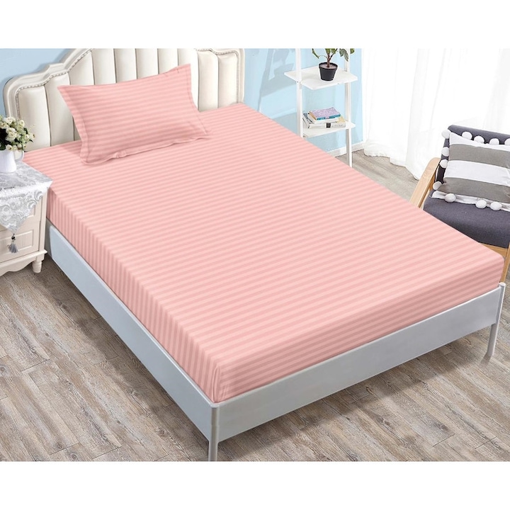 Плик за легло и 1 калъфка за възглавница, с ластик, Sonia-Home, Дамаск, 1 човек, Едноцветен, 90x200 см, Розов