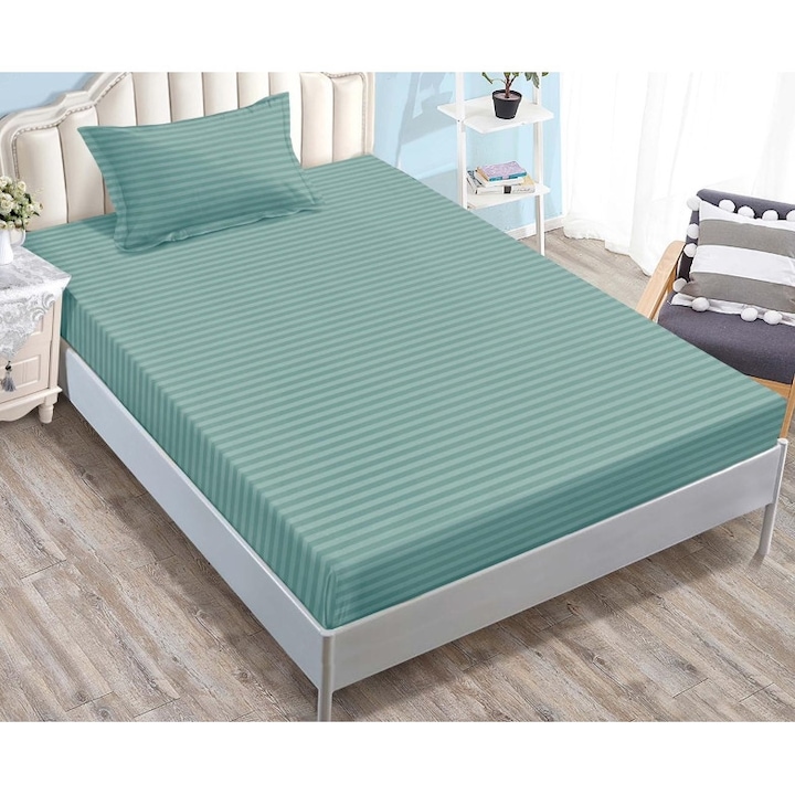 Плик за легло и 1 калъфка за възглавница, с ластик, Sonia-Home, Дамаск, 1 човек, Едноцветен, 90x200 см, Тюркоаз