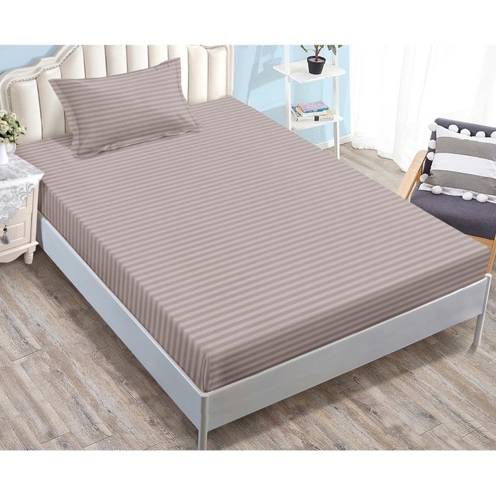 Плик за легло и 1 калъфка за възглавница, с ластик, Sonia-Home, Дамаск, 1 човек, Едноцветен, 90x200 см, Какао с мляко