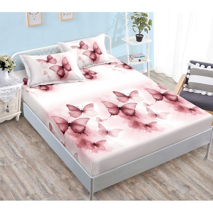 Плик за легло и калъфки за възглавници, с ластик, 3 части, щампа с розови пеперуди, Finet, 2 души, Многоцветен, 180x200см