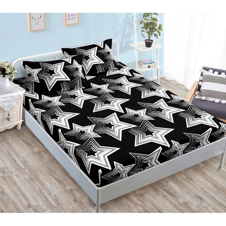 Плик за легло и калъфки за възглавници, с ластик, 3 части, Щампа със звезди, Finet, 2 души, Многоцветен, 180x200см, Черно-бял