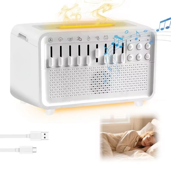 Umidificator RXCASA®, Aparat Multifunctional 3 in 1, Zgomot Alb, Umidificator, Lumina de Noapte si Difuzor Bluetooth, Design Modern, Culoare Alb