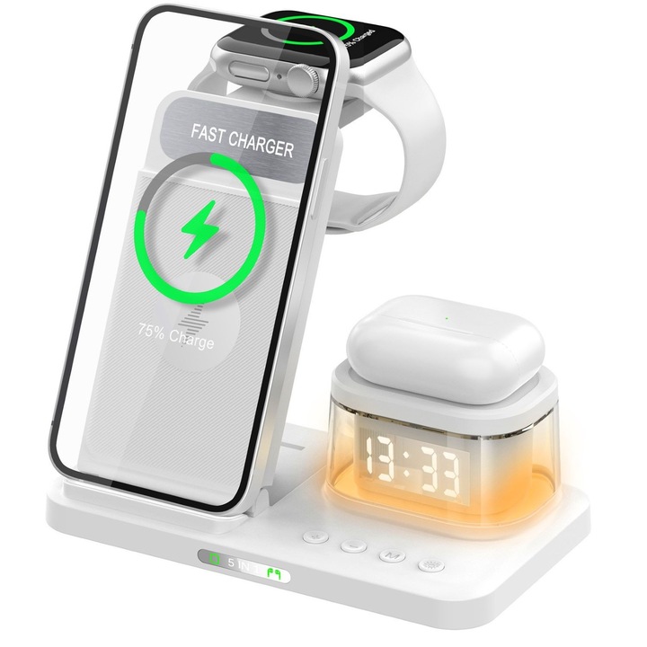 Incarcator Wireless 5 in 1 RXCASA®cu Ceas digital si lumina de noapte, Incarcare rapida 15W pentru iPhone, Samsung, Incarcare Apple Watch & Airpods, Compatibil cu Toate Seriile, Culoare Alb