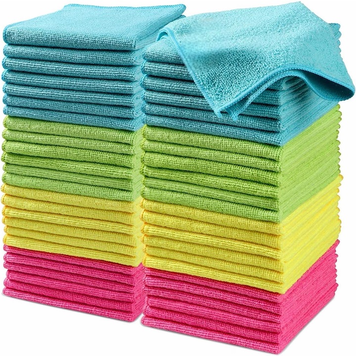Комплект от 50 микрофибърни почистващи кърпи, почистващи кърпи в 4 различни цвята, 30x40 см (зелено/синьо/жълто/розово) BEKZ®
