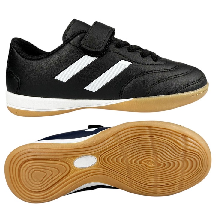 Pantofi futsal copii Permani, piele ecologica, negru/alb