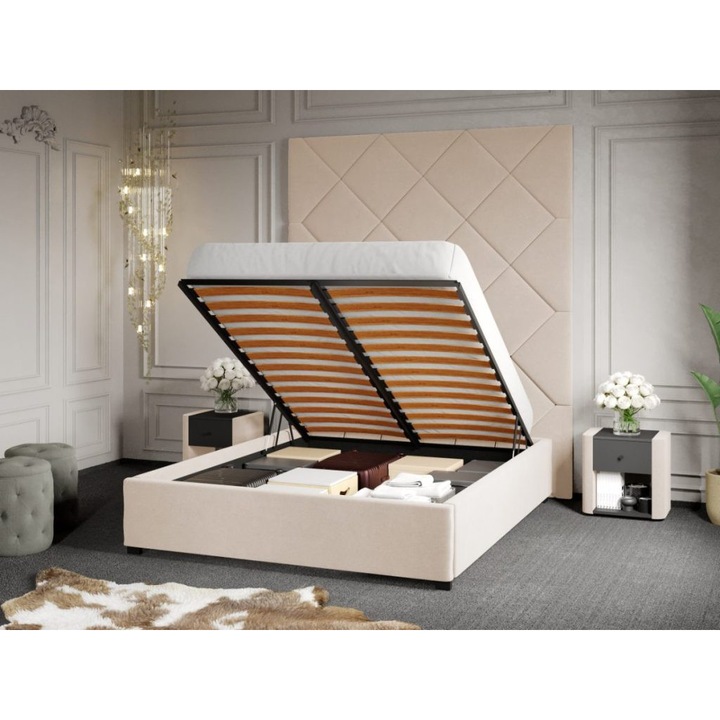 Pat Tapitat cu Panou 191x228, C1, Dubai cu Somiera Rabatabila, 180x200, Crem/Velluto 2