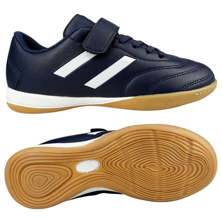 Pantofi futsal copii Permani, piele ecologica, sistem Velcro, bleumarin/alb