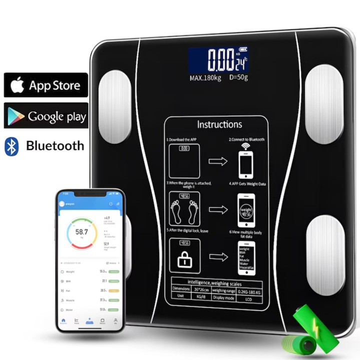 Умна везна за тяло с Bluetooth, функция за цялостен телесен анализ, съвместима с iOS и Android приложения, закалено стъкло, LCD екран, 4 прецизни сензора, автоматично калибриране, капацитет 180 кг, за фитнес и здраве
