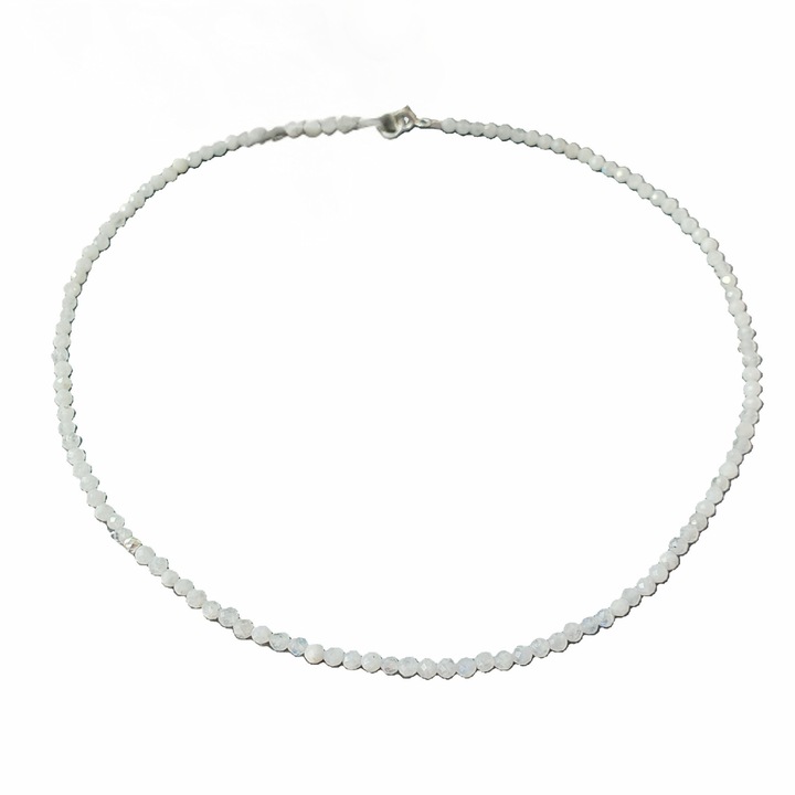 Colier din pietre semipretioase Piatra Lunii alba, sfere fatetate de 2.5 mm si argint, 39 cm