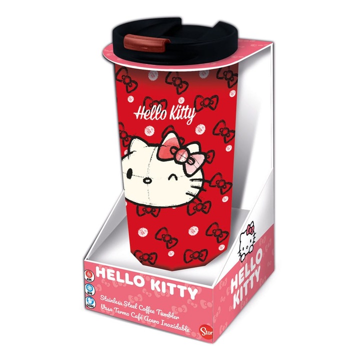 Cana de calatorie Hello Kitty, metal, rosie, cu capac, 300ml
