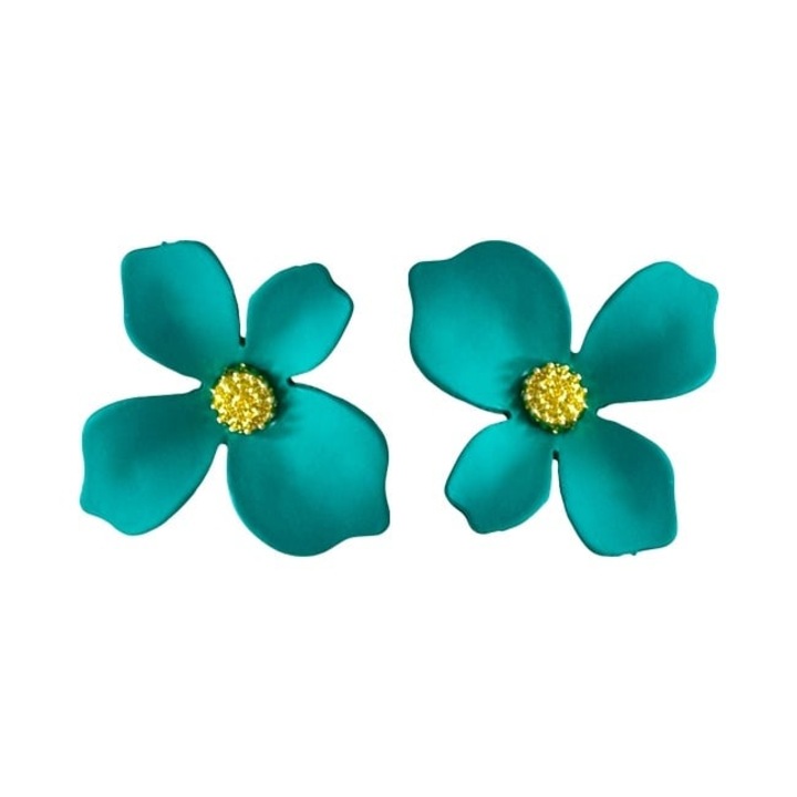 Cercei A Little Magic, cu design floral si prindere cu tija, Turcoaz, Velve