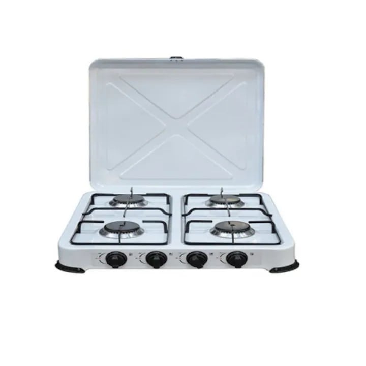 Aragaz Pe Gaz Ocean Cu 4 Arzatoare Portabil Pentru Butelie GPL Cu Capac Metalic De Protectie, Suprafata Emailata Usor De Curatat, Arzatoare Cu Putere Reglabila, Ideal Pentru Bucatarie De Vara, Camping, Rulota Sau Gospodarii Fara Retea De Gaze