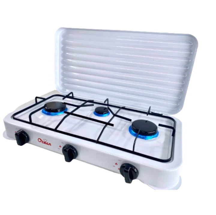 Aragaz Pe Gaz Ocean Cu 3 Arzatoare Tip Plita Portabila Cu Capac Metalic Protectiv, Compatibil GPL Pentru Butelie, Putere Arzatoare 1.1kW–2.2kW, Suprafata Emailata Usor De Curatat, Ideal Pentru Bucatarii De Vara, Camping, Gospodarii Sau Rulote