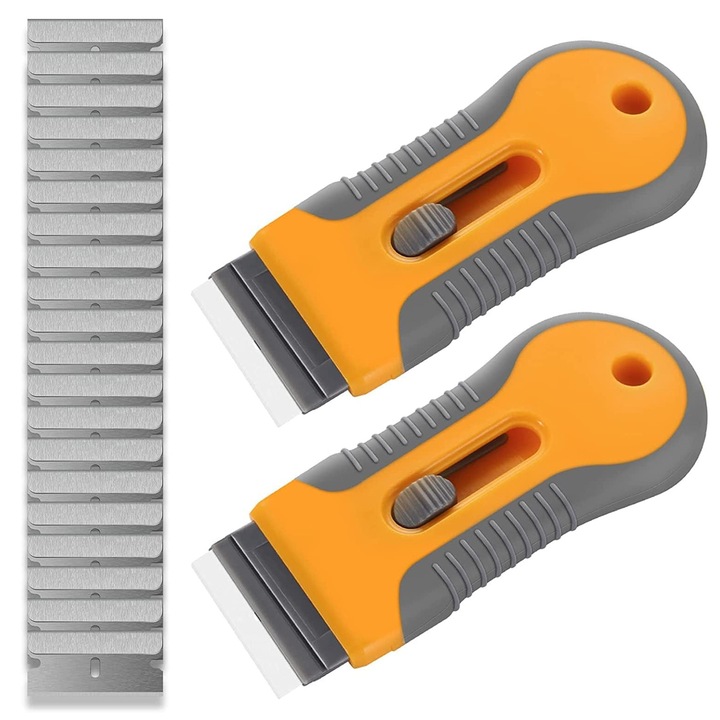 Set 2 bucati spaclu razator, Axroad Mall, Unelte pentru aplicare si eliminare, Cu 20 lama, Maner antiderapant, Pentru razuirea vopselei, Rezistent la coroziune, indepartarea etichetelor, Otel carbon/ABS, 106*50.8mm, Portocaliu