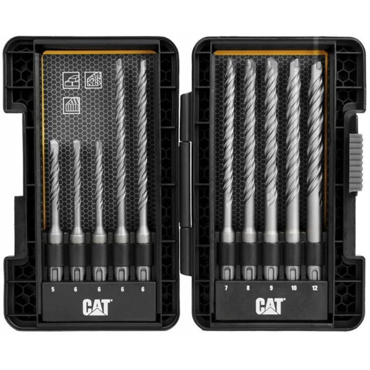 Set de 10 burghie SDS Plus DA03901, otel crom-vanadiu, diverse dimensiuni, cutie de transport