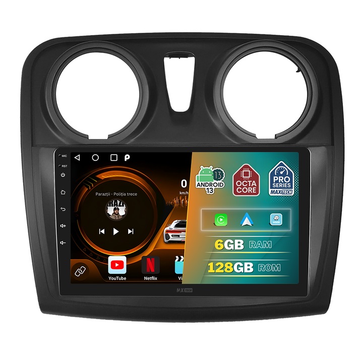 Навигация за Dacia Logan, Sandero, Stepway 2012-2020, MaxTech® PRO SERIES, 6 GB Ram 128 GB Rom OctaCore, Carplay и Android auto, 9" HD сензорен екран, GPS, Wifi, Bluetooth, радио, Waze