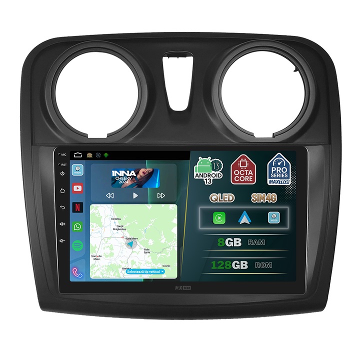 Навигация за Dacia Logan, Sandero, Stepway 2012-2020, MaxTech® PRO SERIES, 8 GB Ram 128 GB Rom OctaCore, Carplay и Android auto, 9" HD сензорен екран, SIM карта 4G, GPS, Wifi, Bluetooth, радио, EQ, Waze