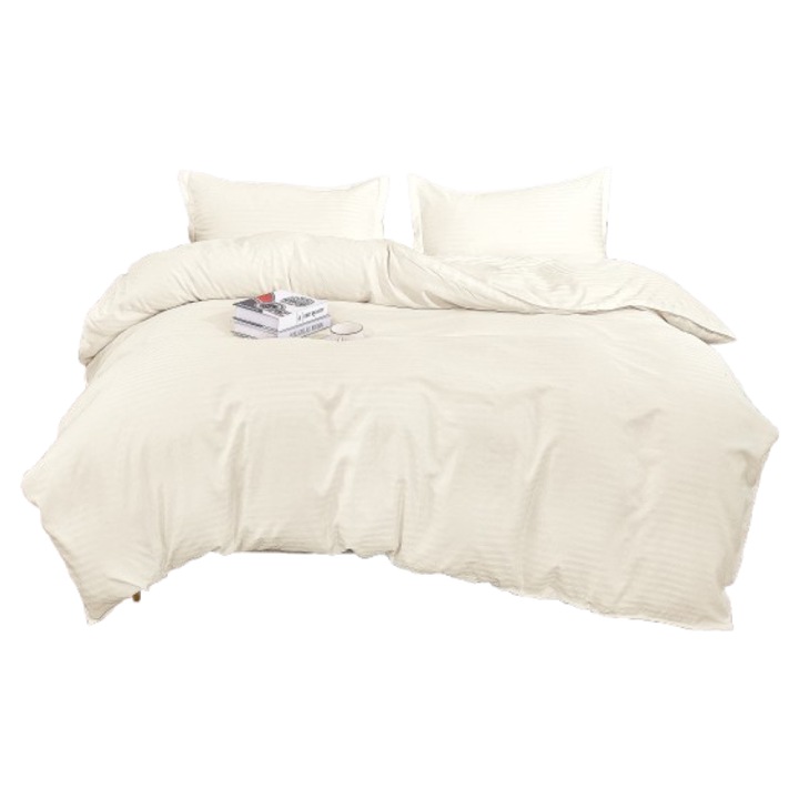 Lenjerie de Pat Dublu, Cearsaf cu Elastic, Damasc, 4 piese, 2 Persoane, Uni, 180x200cm, Ivoire