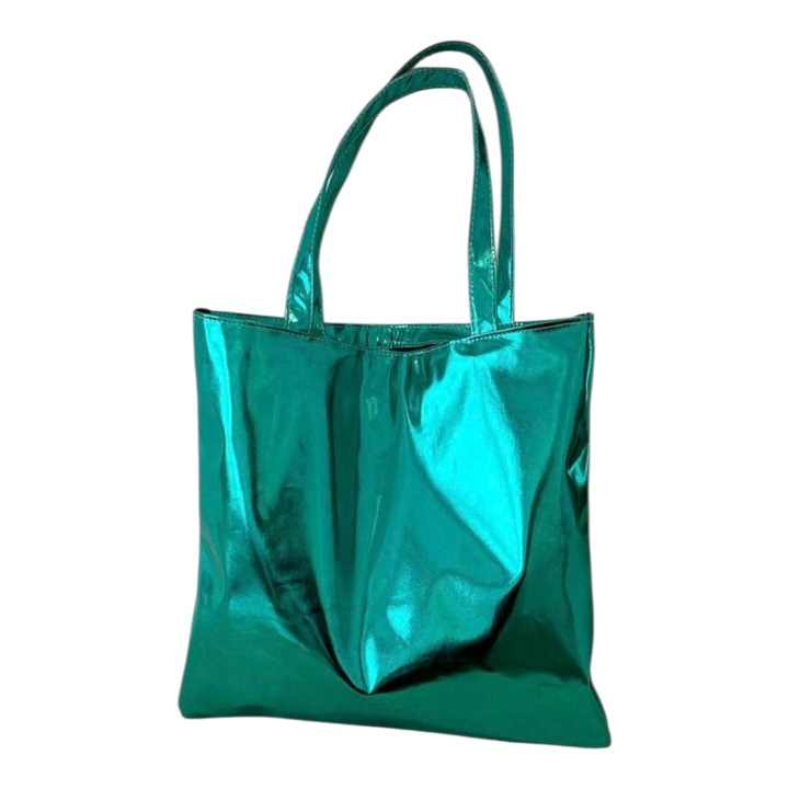 Zöld, fémes, ekológikus bőr táska, fényes kivitel, 36x36cm