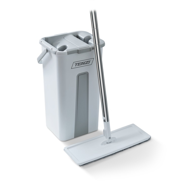 Mop plat cu sistem de stoarcere Tenzi, set cu galeata cu doua compartimente, 6L, microfibra, telescopic