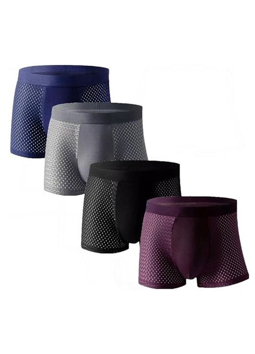 Férfi boxer alsó szett, 4 pár, BOMSTOM, jégselyem, hálós, légáteresztő, L-es méret, Fekete, Kék, Szürke, Lila