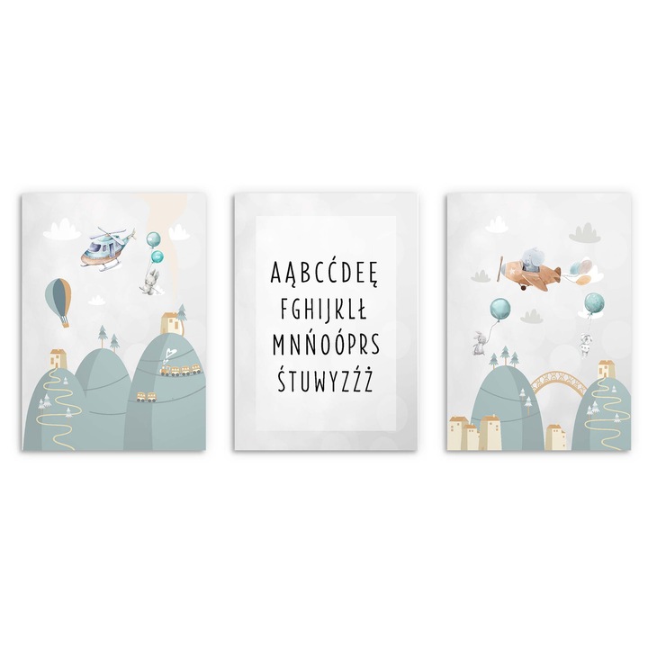 Set 3 tablouri pentru copii, Naklejkomania, Alfabet, Pastel, 30x40cm