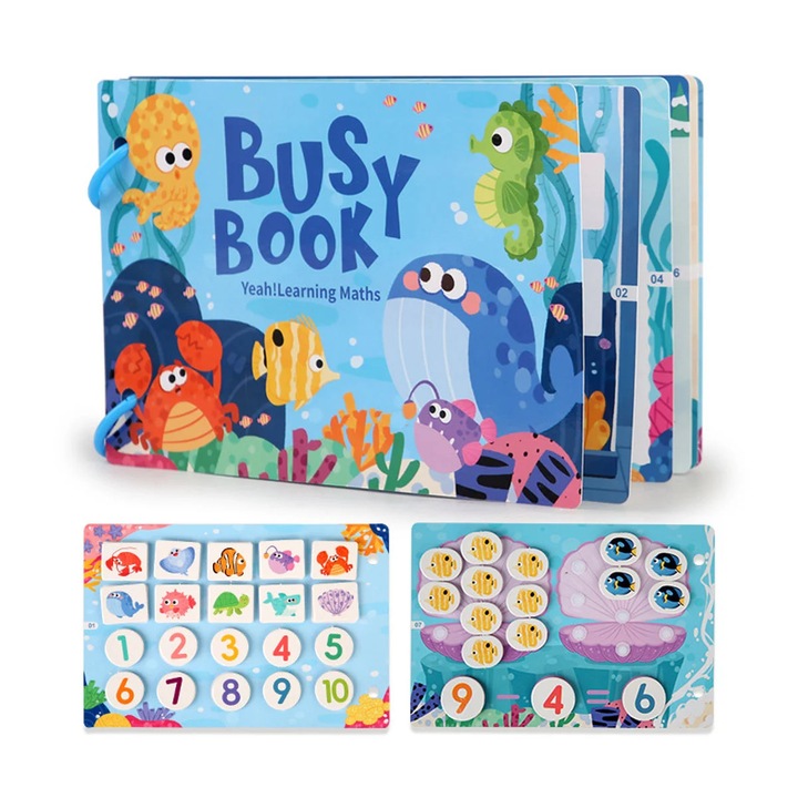 Carte educativa cu stickere reutilizabile Busy Book - Animale Marine, 10 activitati, Toyska®