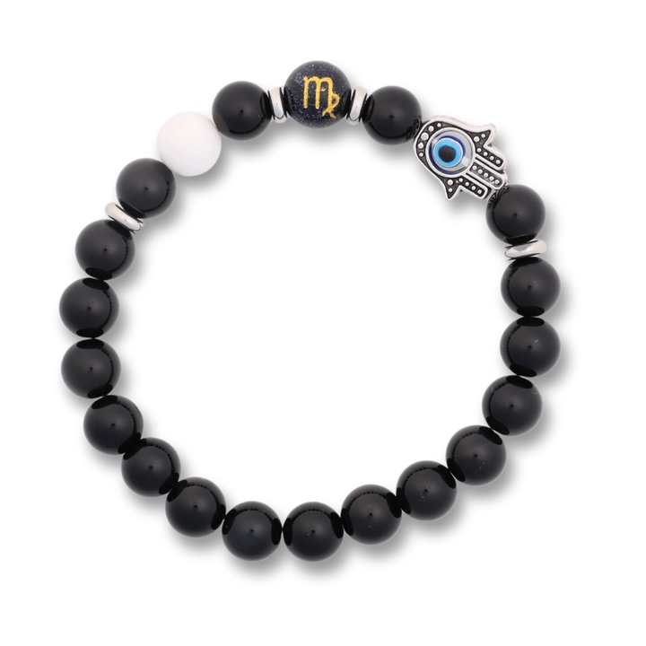 Bratara pentru Zodii cu Margele de Obsidian, Pandantiv Mana Fatimei si Ochiul "Rau"