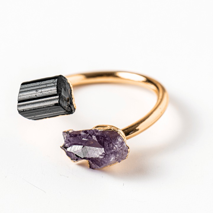 Inel reglabil cu Ametist si Turmalina - Echilibru si Energie Pozitiva