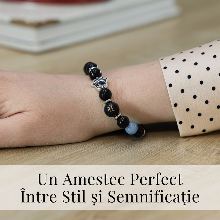 Bratara pentru Zodii cu Margele de Obsidian, Pandantiv Mana Fatimei si Ochiul "Rau"