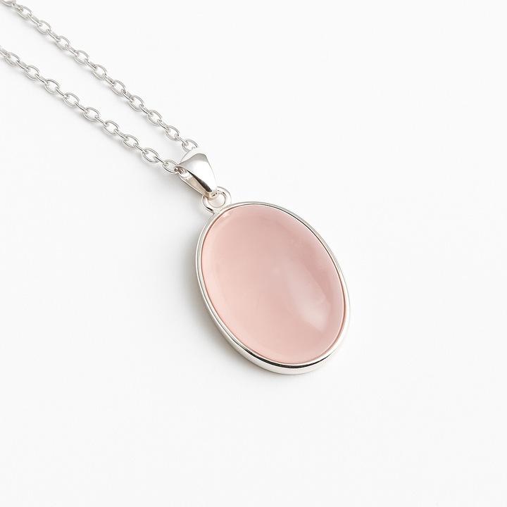 Colier montura argint 925 si piatra naturala din Cuart Roz oval - Vindecare emotionala