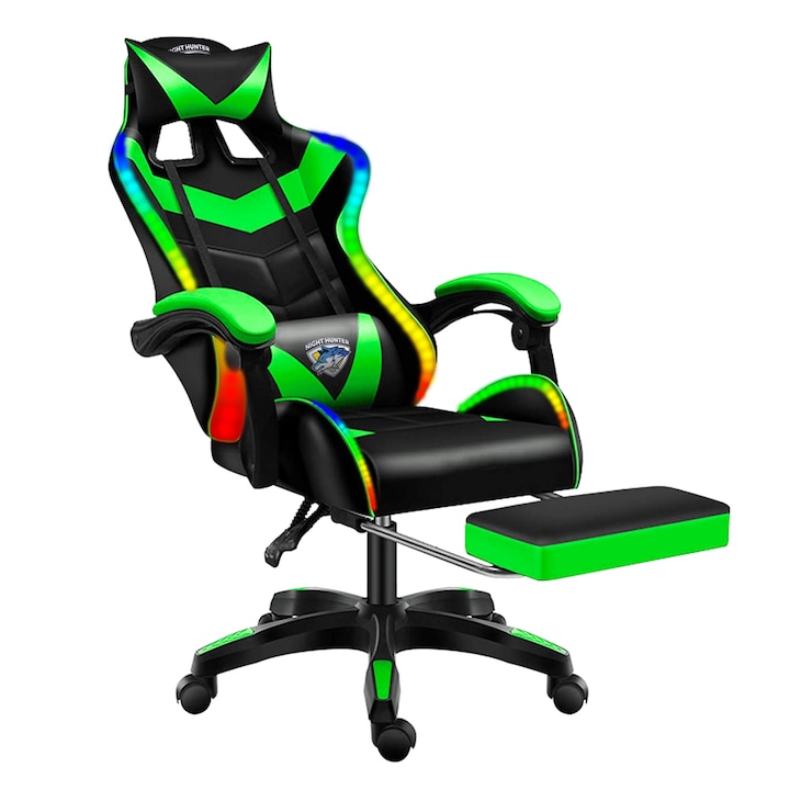 Геймърски стол CERLO с LED и масаж, въртящ се, с поставка за крака, черен