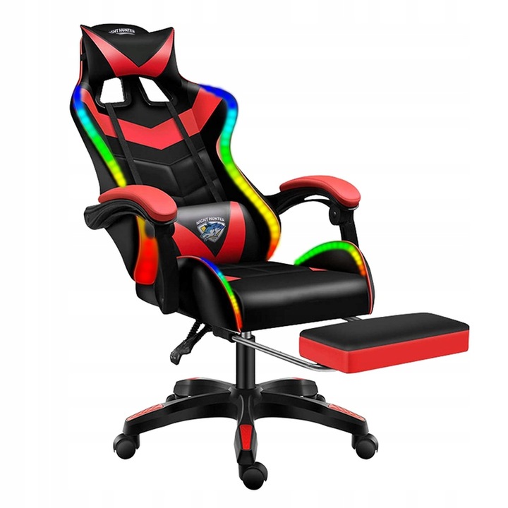 Геймърски стол CERLO с масаж, LED, въртящ се, поставка за крака, червен, размери 113-123x73x59см.