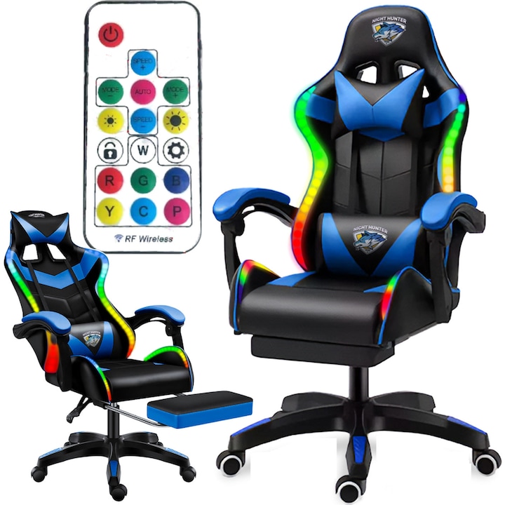 Геймърски стол, CERLO, с LED и масаж, въртящ се, с поставка за крака