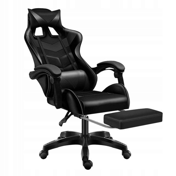 Scaun gaming CERLO cu masaj, rotativ, negru, cu suport pentru picioare