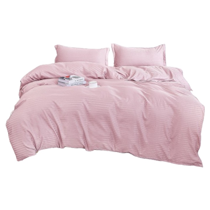 Lenjerie de Pat Dublu, Cearsaf cu Elastic, Damasc, 4 piese, 2 Persoane, Uni, 180x200cm, Roz Prafuit